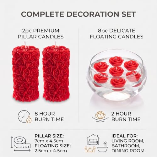Image of Rose Pillar and Floating Candle Combo, Pack of 10, Red