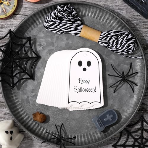 Whaline 100Pcs Happy Halloween Paper Gift Tags White Ghost Hanging Name Tags with Hemp Rope Spooky Label Tag for Trick or Treat Party Favor Decoration Supplies
