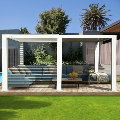 Domi Outdoor Pergola 12x20FT, Aluminum Louvered Pergola with 2 Independently Adjustable Louver Roof, Full Aluminum Structure, White