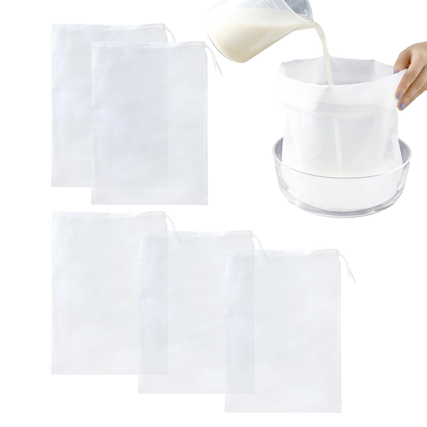 Pack of 3 200 Mesh Fine Mesh Filter Bags with 2 Pieces 300 Mesh Fine Mesh Filter Bags, Soy Milk Filter Bag, Nut Milk Filter Bag, Wine Filter, Suitable for Home, Restaurant, Cafe