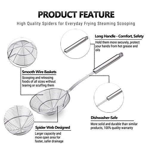 Temchy Spider Strainer Skimmer Ladle, 5.5 Inch Stainless Steel Solid Skimmer Basket With Long Handle For Everyday Frying Steaming And Scooping #TOP2