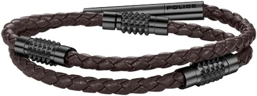 POLICE - Kingpins Bracelet for Men Stainless Steel Cable with Black Leather