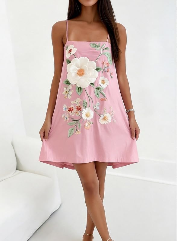 Image of Women Boho Floral Mini Cami Dress Spaghetti Strap Flowy Sling Dress Graphic Backless Summer Holiday Sundress