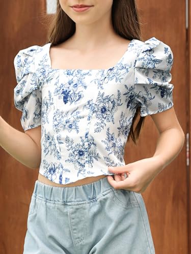 Milumia Girl's Floral Print Puff Short Sleeve Crop Tops Square Neck Shirred Back Top2