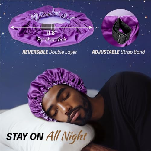 Image of Fittia Men's Satin Bonnet for Short Hair with Adjustable Strap - Sleeping Cap for Fade, Afro & Natural Hair Care, Wave Cap