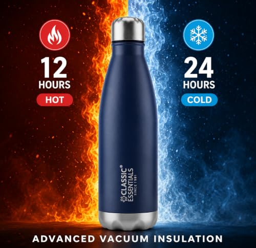 Image of Classic Essentials Insulated Double Wall Stainless Steel Water Bottle 500 ML | 12 Hours Hot & 24 Hours Cold | Vacuum Insulated, Leakproof Bottle for Home, Office, Gym & Travel (Navy Blue)
