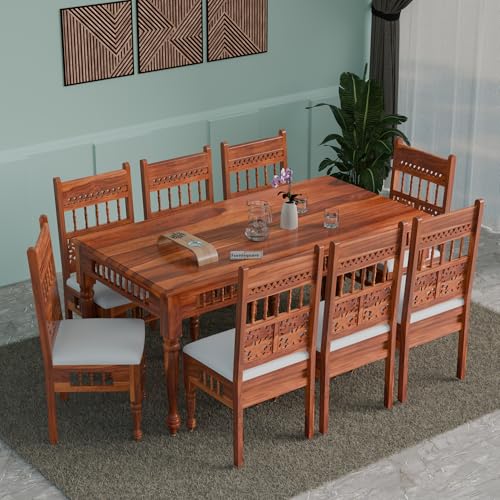 Image of Dining Table 8 Seater | Solid Sheesham Wood 8 Seater Dinning Table Set with 8 Cushioned Chairs | Rectangular Dinner Table for Home, Kitchen & Living Room | Natural Finish