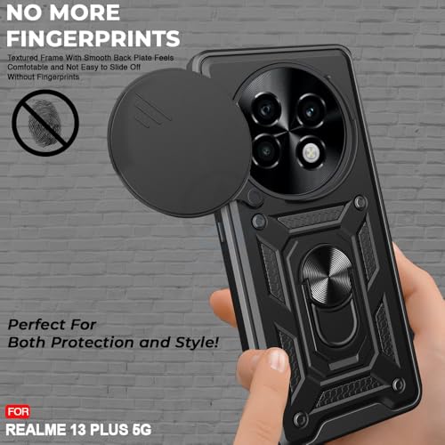 Image of AESTMO Tough Armor Realme 13 Plus / P1 Speed 5G Bumper Back Case Cover | Ring Holder & Sliding Camera Shield Cover | 360 Degree Protection Back Case Cover for Realme 13 Plus / P1 Speed 5G (Black)