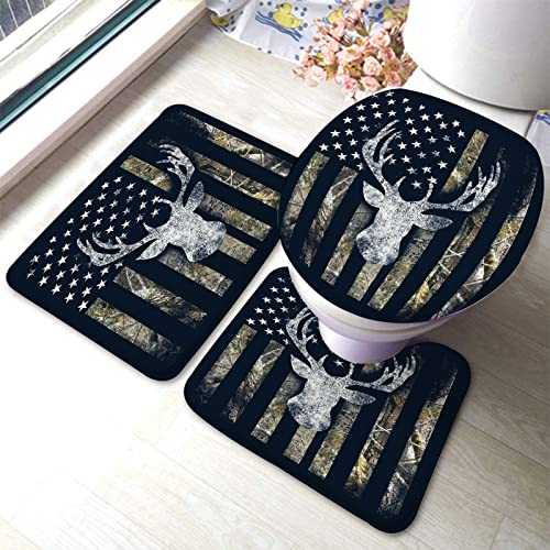 Badezimmerteppich-Set, 3-teilig, USA-Camouflage, Buck Deer, amerikanische Flagge, waschbare Badteppiche, rutschfest, mit Rückenpolster, Konturteppich und Toilettendeckelbezug