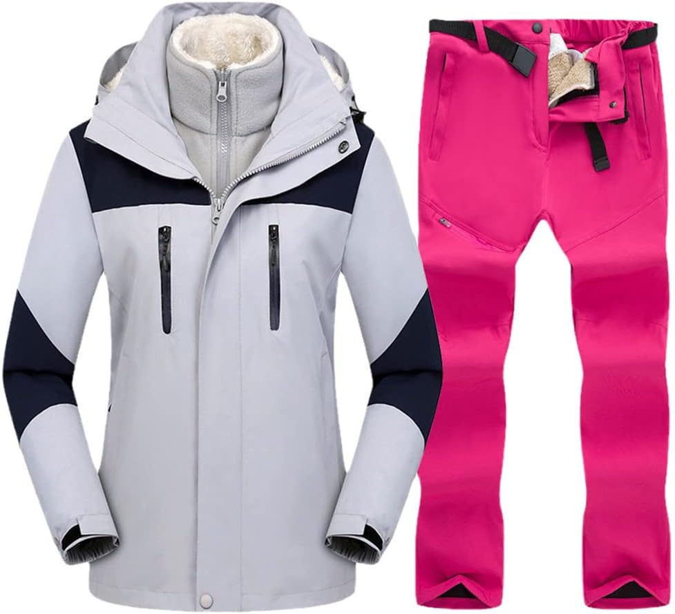 KEHAIOO Women Winter Warm Ski Suit Hoodie Set Windproof Waterproof 3 in 1 Jackets and Pants Skiing Snowboard Suit