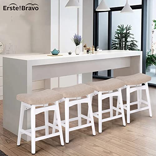 Erste!Bravo White Solid Wood Bar Stools Set Of 2 For Kitchen Counter Height Barstools With Faux Leather Saddle Seat Farmhouse Upholstered Stools For 34"-38" Counter Island, Beige Cushion & White Legs #TOP6