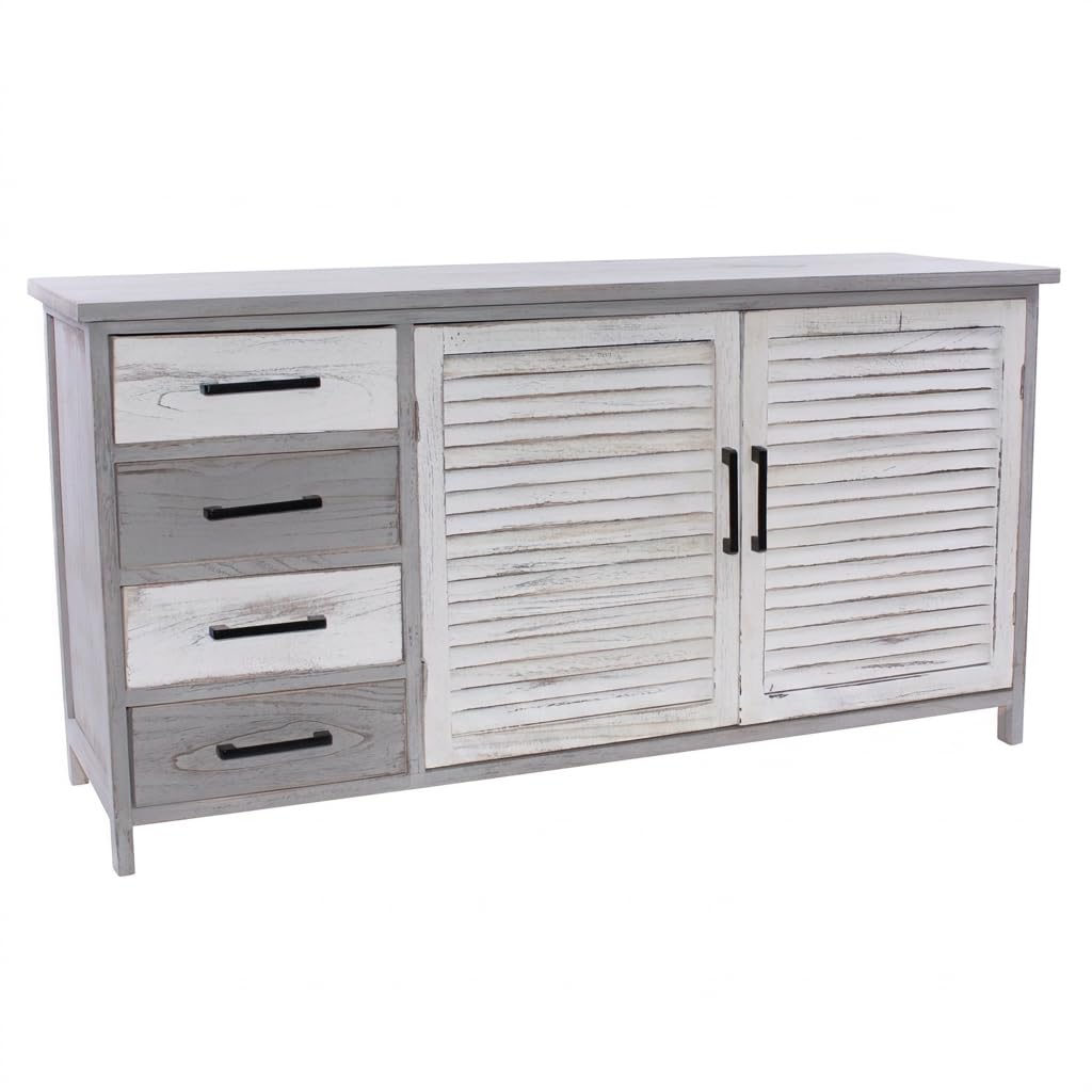 DiKasa Credenza Bicolor in Legno di Paulonia Bianco e Grigio Anticato con 4 Cassetti e 2 Ante a Persiana, Mobile Contenitore per Soggiorno Cucina Ingresso Stile Shabby Chic 128x43x66 cm