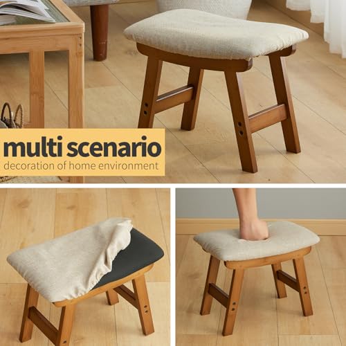 Furshus Foot Stool Ottoman Foot Rest Under Desk,Small Stool for Living Room, Bedroom and Kitchen (Brown Legs - Beige Stool Surface) - Thumbnail 4