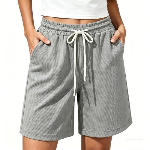 Women's Waffle Knit Shorts Drawstring Elastic Waist Casual Pants Summer Fashion Loose Bermuda Shorts with Pockets Gray