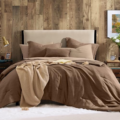 Geniospin King Size Comforter Set - 7 Pieces Brown Comforter King Size Soft Solid Bedding Set for All Season Textured Bed in a Bag with Sheets Pillowcases & Shams