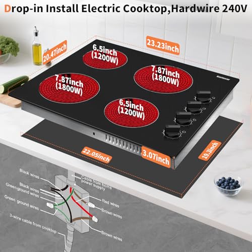 Karinear 4 Burner Electric Cooktop 24 Inch, Built-in Stove Top, 220-240v Radiant Cooktop with Knob Control, Residual Heat Indicator, Over-Temperature Protection, Hard Wire(No Plug)