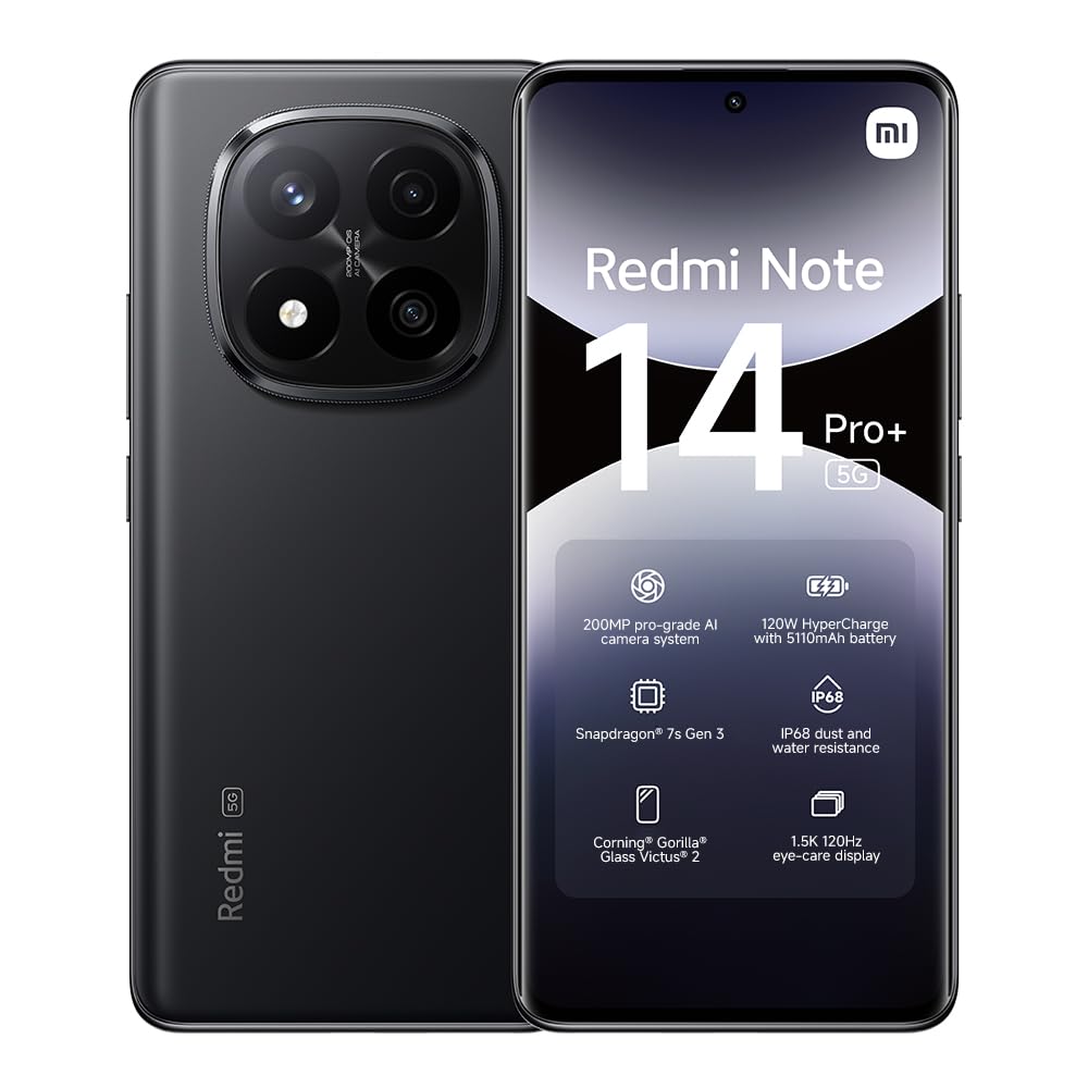 XIAOMI Smartphone Redmi Note 14 Pro+ 5G, 8+256GB, fotocamera AI di livello professionale da 200MP, IP68, HyperCharge da 120W, funzionalità AI (caricabatterie non incluso), Nero