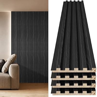 INMOZATA Slat Wood Panels for Wall, Fluted 3D Accent Wall Panels for Interior Wall Decor Living Dining Room Bedroom, 4 Pack + 1pc End-Trim, 94.5 x 5.7in Covers 14.9 SqFt, Square Black
