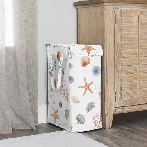 Image of Sweet Jojo Designs Laundry Hamper (Ocean Seashells) for Boys and Girls, Foldable Dirty Clothes Basket with Handles for Baby Nursery, Kids Bedroom, Teen Bathroom (Nautical, Beach Theme, Watercolor)