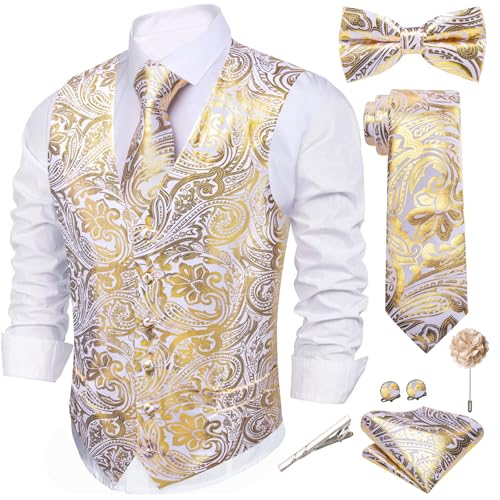Barry.Wang Mens Vest Tie BowTie Set Shiny Floral Suit Vests Necktie Cufflinks Hanky Formal Waistcoat Wedding Party Disco 7PCS