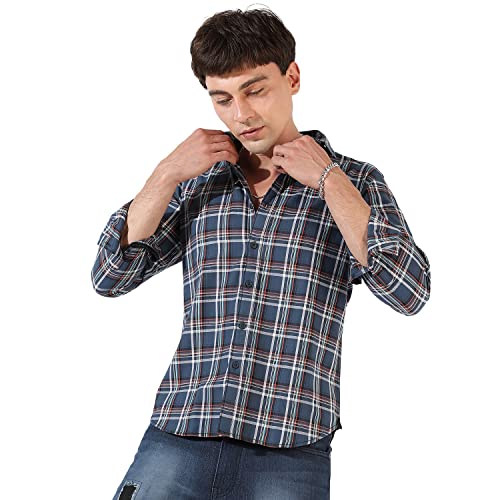 Image of Campus Sutra Men's Blue Checkered Button Up Spread Collar Shirt for Casual Wear | Regular Fit | Cotton Shirt Crafted with Long Sleeve, Comfort Fit & High-Performance for Everyday Wear
