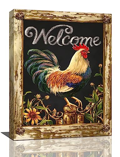 yerretin Farmhouse Rooster Wall Art Rustic Farm Chicken Pictures Wall Decor Country Canvas Painting Modern Artwork Home for Kitchen Bathroom Living Room Bedroom Office Framed 12"x16"