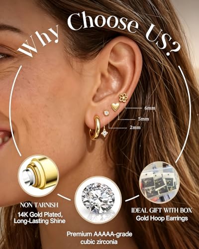 12 Pairs Small Stud Earrings Set, Hypoallergenic 14K Gold Plated Earrings - image 8