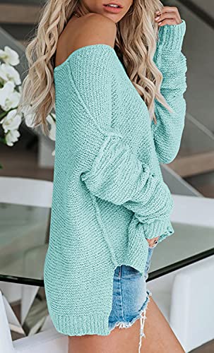 Image of Women's Off Shoulder Knit Sweaters Oversized V Neck Long Sleeve Loose Lightweight Pullover Tops