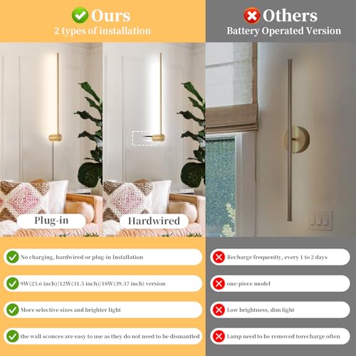 KELUOLY dimmable Modern Plug in Wall Sconce Set of 2, 23.6" Gold Brushed Wall Lights, Indoor Wall lamp Background Lighting with Memory Function, Applicable to Living Room and Bedroom 3000K 4000K 6000K by KELUOLY - Image 2