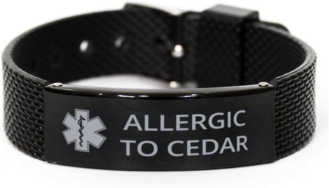 Medical Alert Black Shark Mesh Bracelet, Allergic to Cedar Awareness, SOS Emergency Health Life Alert ID Engraved Stainless Steel Adjustable Bracelet For Men Women