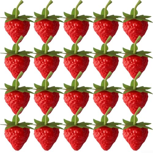 ificial - Juego de 20 decoraciones de fresas realistas de plástico para cocina, fiesta, decoración del hogar, color rojo, 3,5 cm