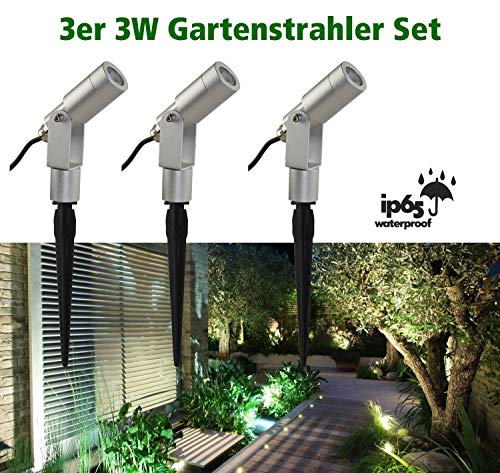 VBLED® - Juego de dispositivos de iluminación para jardines (3 unidades, diseño de estacas con focos, grado de protección IP65, 12 voltios, incluye fuente de alimentación y conector)