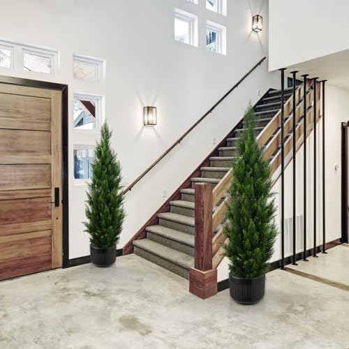 R's Ceder 5FT Artificial Topiary Tree Realistic Faux Cedar Pines Christmas Trees UV Rated Fake Shrubs for Front Porch Faux Plants Indoor and Outdoor Decor (2 Pack)