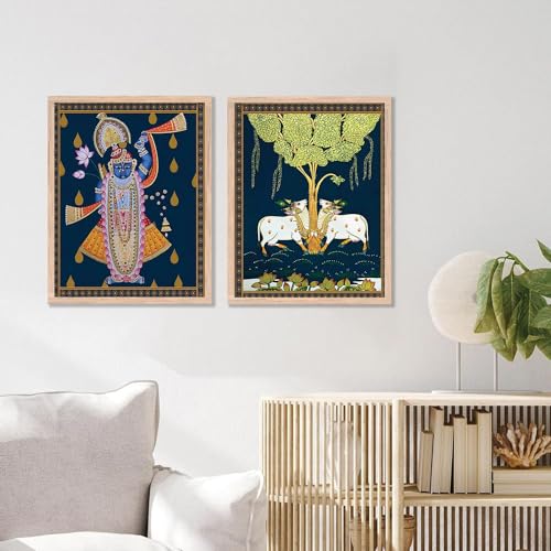 Image of kotart Traditional Indian Wall Art Painting Set of 2 | Kamdhenu Cow Design | MDF Wooden Framed Spiritual Wall Decor for Living Room, Pooja Room & Home (Art 5, 19x25 inch)