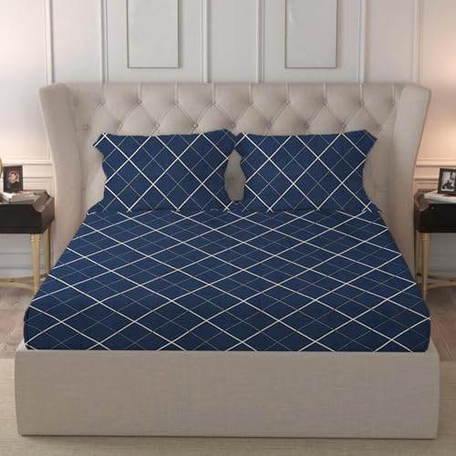 Image of LOOMLYFE 300 TC Cotton Feel Glace Cotton Elastic Fitted Printed Queen Size Double Bed Bedsheet with 2 Pillow Covers Fits Upto 8 inches,Size- 60x78x10 Inches, Blue White Lines