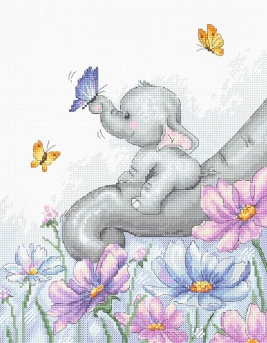Luca-S Counted DIY Cross Stitch Kit Elephant with Butterfly, B1183, Embroidery Kit & Needlecraft for Kids & Adults