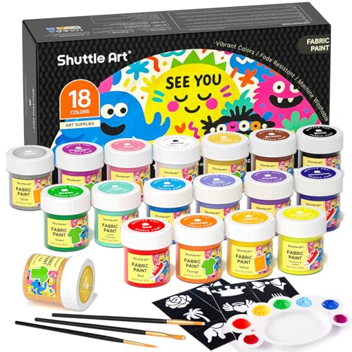 Shuttle Art Textilfarben Waschmaschinenfest 18x20ml Set | waschfest Stoffmalfarben inkl. Gold & Silber, 3 Pinsel & 12 Vorlagen| Für T-Shirt, Jeans & Stoffe | Zum Malen auf dunklen und hellen Stoffen
