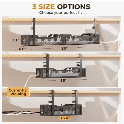 Image of 2 Pack Under Desk Cable Management Box Black, Cinati 26.8 inch Wire Organizers No Drill, Cord Organization Tray with Clamp for Office, Home - No Damage to Desk