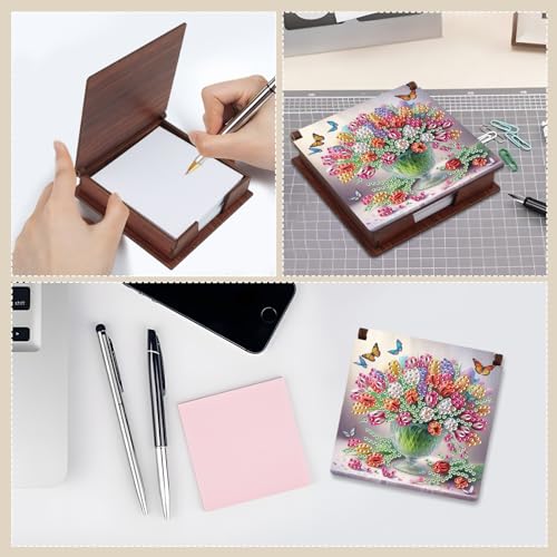 Image of MVVMTOP Diamond Painting Kit memo Box, Diamonds Art DIY Vase and Flowers Patterns Sticky Note Box Special Shape Drill, with 160 Sticky Note, Ideal for Home Office Supplies, Handicrafts, Holiday Gifts