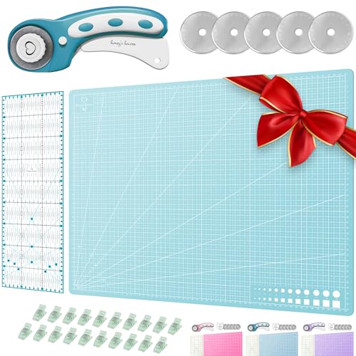 Honey's Heaven 45 mm Rollschneider Stoffschneider Set inkl. Schneideunterlage, Ersatzklingen, Stoffklammern, Patchwork-Lineal (Türkis/Mint, Schneidematte im A2-Format)