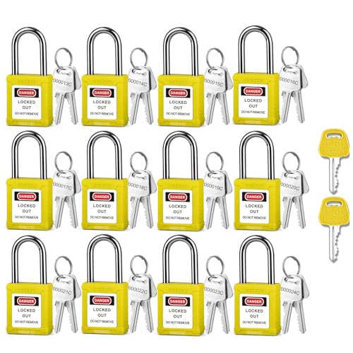 Image of Lockout Tagout Locks with 2 Master Keys｜12-Pack Yellow OSHA Loto Lock｜Keyed Different & Laser Coding｜Lock Out Padlock Kits for Machinery & Electrical Panels