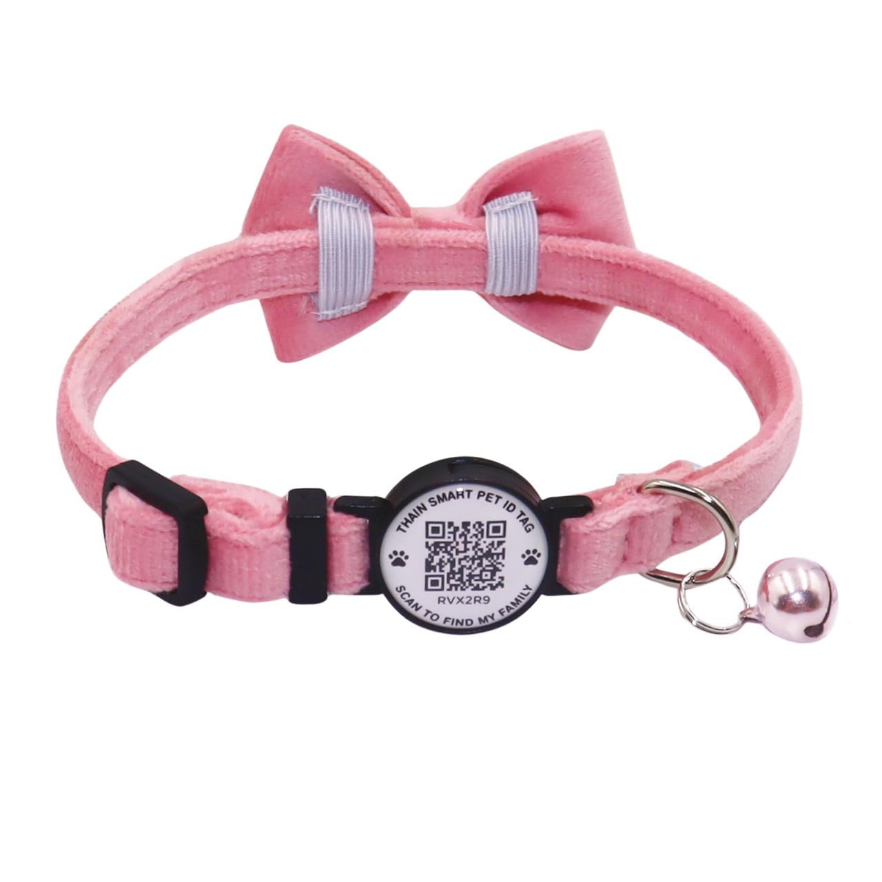 THAIN Personalised Cat Collar with bell and Bowtie Breakaway QR Code Name Smart ID tag quick release soft comfortable collar for cats and kittens (Pink)