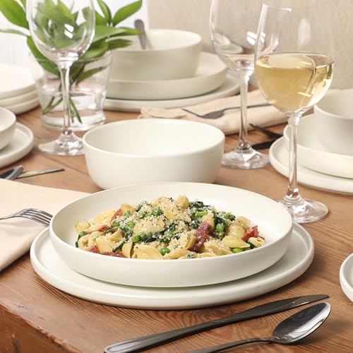 Image of Gibson Elite Bayou Moon Plates and Bowls Sets, 16-Piece White Matte Stoneware Dinnerware Sets, Solid Color Reactive Glaze Dish Set