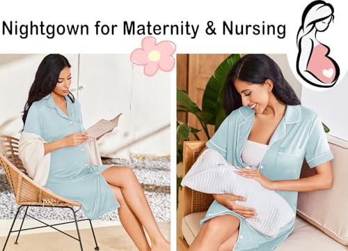 Image of Ekouaer Nightgowns for Women Button Down Sleepshirt Short Sleeve Nightshirt Boyfriend Pajamas V Neck Nightdress S-XXXL