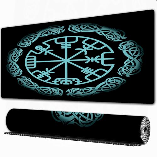 FEHWI Grand Tapis de Souris de Jeu avec Bords surpiqués et Dos antidérapant,sous-Main pour Clavier et Souris,Boussole de Navigation Magique des Anciens Vikings islandais avec Ornement Scandi,90×40 cm