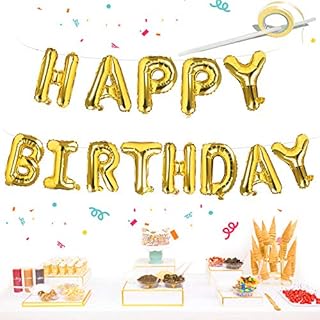 Happy Birthday Balloons Banner Gold, Self Inflating Happy Birthday Letters Balloon Banner Bunting, 16 inch Alphabet Foil Balloon with Straw & Ribbon for Girls Boys Birthday Decorations Party Supplies