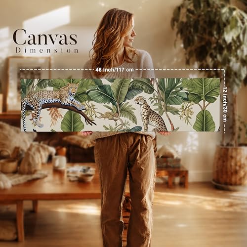 Image of Tropical Leopard Jungle Exotic Wildlife Canvas Wall Art Painting For Living Room, Green Botanical Jungle Painting Tropical Leopard Wall Art For Home & Office, 12x46 Inch