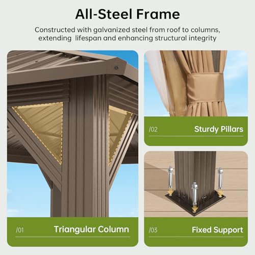 Image of 10x12FT Hardtop Gazebo Brown | Permanent Outdoor Pergola with Double Galvanized Steel Roof and Curtains and Netting for Backyard, Patio, Lawn and Garden