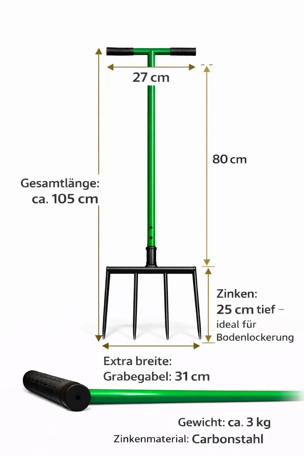 Broadfork - Forchetta per sepoltura con 4 denti in acciaio al carbonio, allentatore per terreno e aiuola, larghezza di lavoro 31 cm, lunghezza totale 105 cm, ventilazione manuale senza