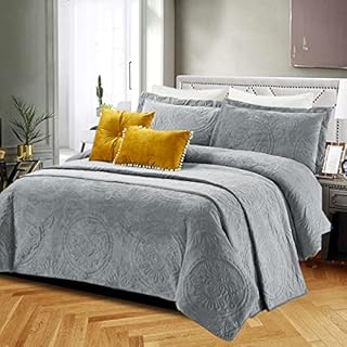 Luxury Crushed Velvet Quilted Bedspread Comforter Bed Throw Bedding Sets - Super Soft Quilt Coverlets Bedspreads Bed Set - Double, Grey